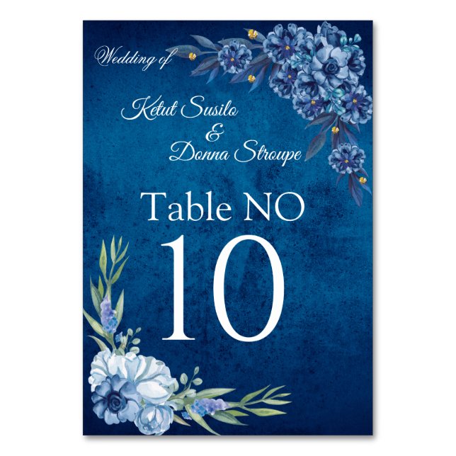 Blue Elegant floral summer wedding Tischnummer (Vorderseite)