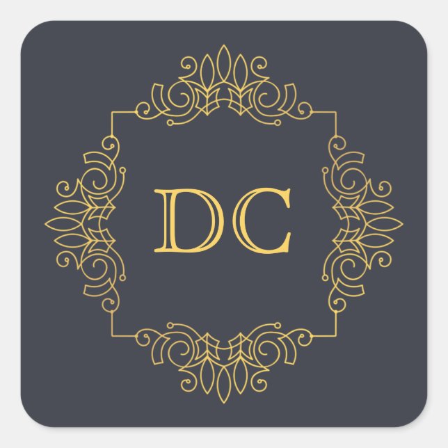 Blue Elegant Gold Design Monogram Quadratischer Aufkleber (Vorderseite)