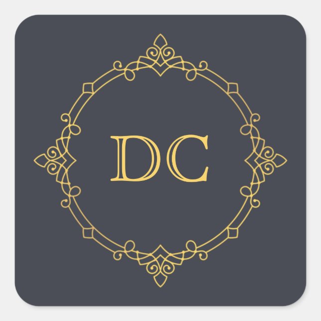 Blue Elegant Gold Design Monogram Quadratischer Aufkleber (Vorderseite)