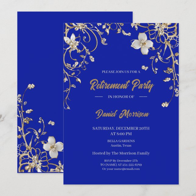 Blue Elegant Gold Floral Frame Retirement 2025 Einladung (Vorne/Hinten)