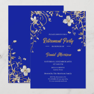 Blue Elegant Gold Floral Frame Retirement 2025 Einladung