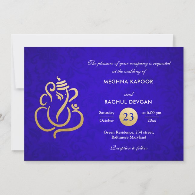 Blue Elegant Gold Foil Ganesha Indian Damask Einladung (Vorderseite)