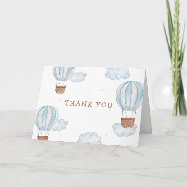 Blue Elegant Hot Air Ballon Cloud Boy Baby Shower Dankeskarte (Vorderseite)