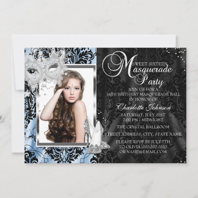 Blue Elegant Maske & Heelse Masquerade Foto Sweet1 Einladung (Vorderseite)