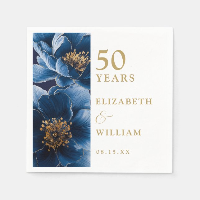 Blue Elegant Modern Floral 50 Jahre Jubiläum Serviette (Vorderseite)