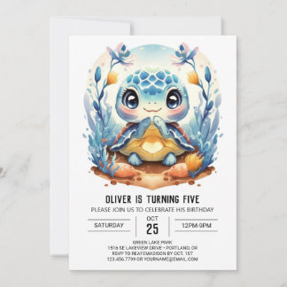 Blue Elegant Moderner Turtle Boy Geburtstag Einladung