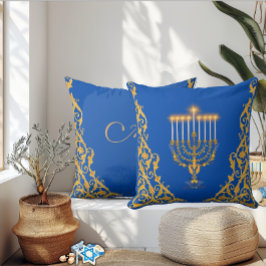 Blue Elegant Monogram Hanukkah Golden Menorah  Kissen