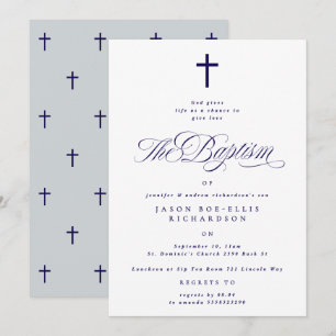 Blue Elegant Navy Cross Boy Baptism Invitation