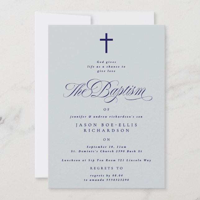 Blue Elegant Navy Cross Boy Baptism Invitation (Devant)