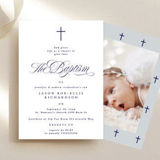 Blue Elegant Navy Cross Boy Foto Taufe einladen Einladung