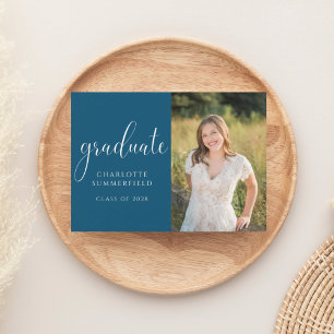 Blue Elegant Script Graduation Photo Invitation