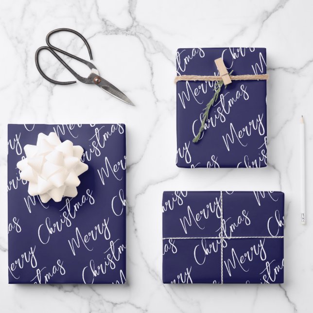 Blue Elegant Script Merry Christmas Geschenkpapier Set (Vorderseite)