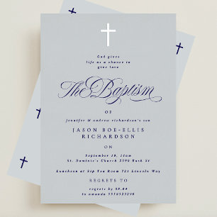 Blue Elegant Silver Cross Boy Baptism Invitation