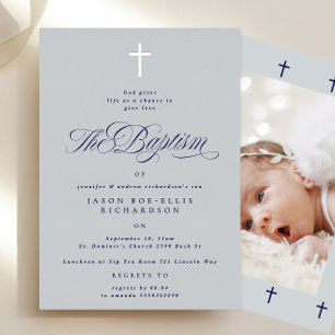 Blue Elegant Silver Cross Boy Taufe Foto laden Folieneinladung