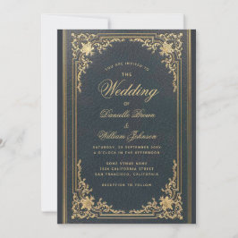 Blue Elegant Vintag Gold Calligraphy Wedding Einladung