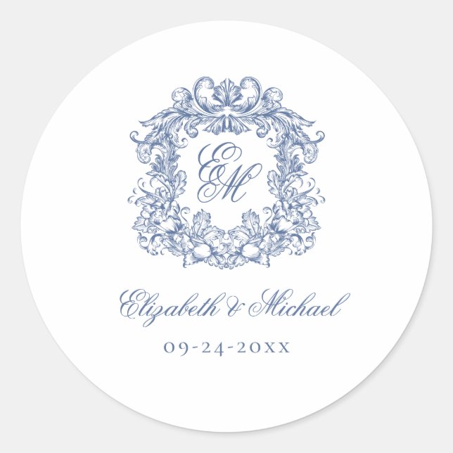 Blue Elegant Vintage Monogram Crest Wedding Runder Aufkleber (Vorderseite)