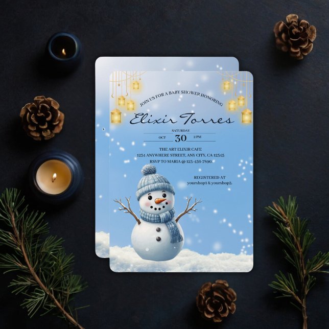 Blue Elegant Whimsical Winter Snowman Baby Dusche Einladung (Von Creator hochgeladen)