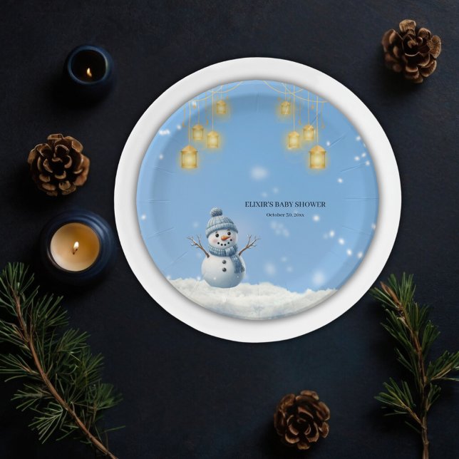 Blue Elegant Whimsical Winter Snowman Baby Dusche Pappteller (Von Creator hochgeladen)