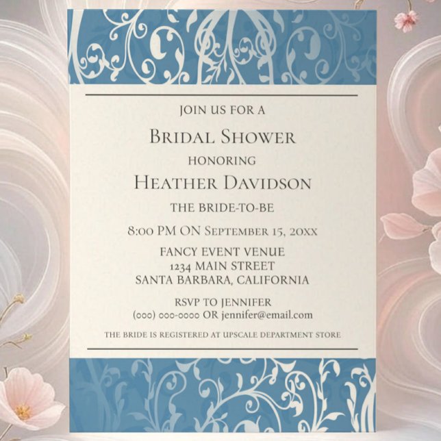 Blue Elegante Blüh Brautparty Einladung (Blue Elegant Flourish Bridal Shower Invite)