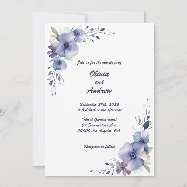 Blue Elegante Blume: Einladung zur Hochzeit (Vorderseite)