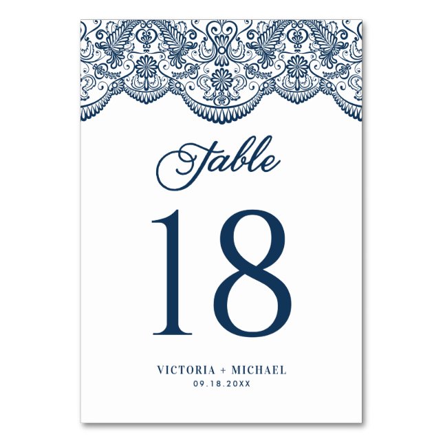 Blue Elegante Botanical Brocade Lace Wedding Tischnummer (Vorderseite)