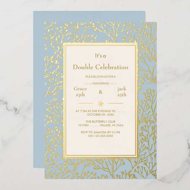 Blue Elegante Double Celebration Geburtstag Folieneinladung (Vorderseite/Rückseite)