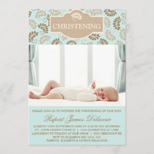 Blue Elegante Floral Christening Foto Einladung