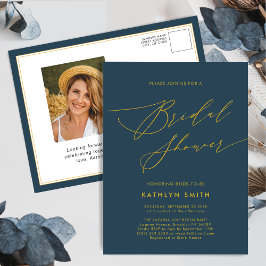 Blue Elegante Gold Script Minimalistisches Brautpa Einladungspostkarte