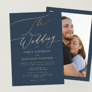 Blue Elegante Gold The Wedding Foto Einladung