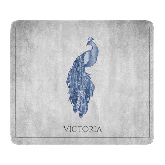 Blue Elegante Peacock Personalisiert Cutting Board Schneidebrett (Vorderseite)