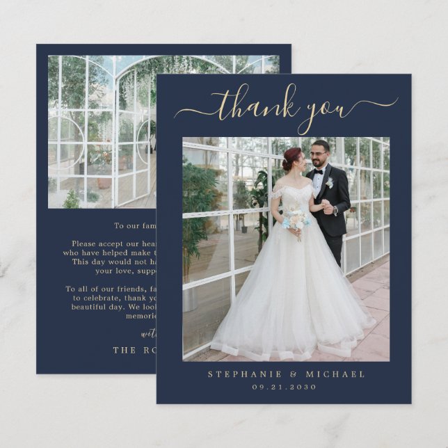 Blue Elegante Script 2 Foto Hochzeit Gold Script Dankeskarte (Vorne/Hinten)