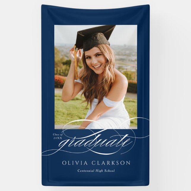 Blue Elegante Script Abschluss Foto Party Banner (Vertikal)