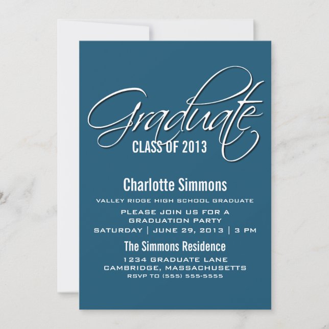 Blue Elegante Script Abschluss laden Einladung (Vorderseite)