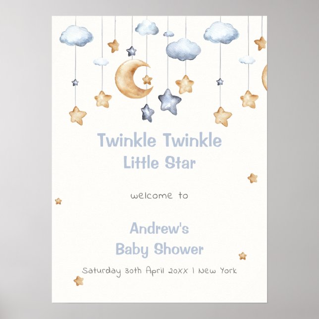 Blue Elegante Twinkle Twinkle Baby Dusche Empfang Poster (Vorne)