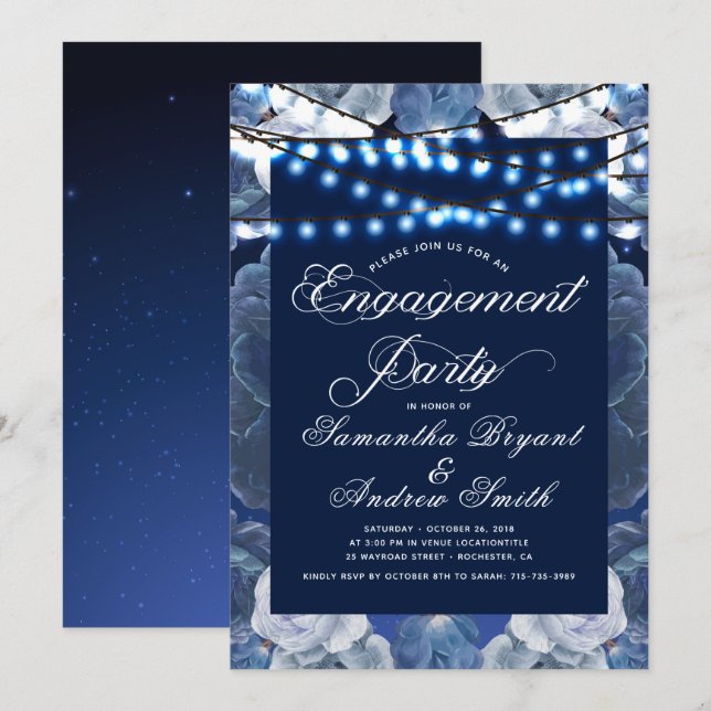 Blue Elegante Verlobung Einladung (Vorne/Hinten)