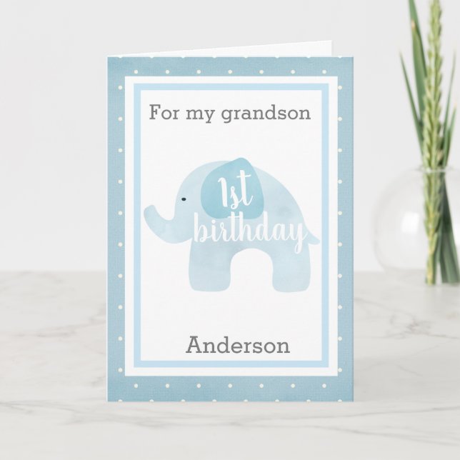 Blue Elephant 1. Geburtstag Grandson Karte (Vorderseite)