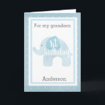Blue Elephant 1. Geburtstag Grandson Karte<br><div class="desc">Ein süß blauer Elefant 1. Geburtstagskarte. Es ist mit einem weichen, blauen Wasserfarbenelefanten ausgestattet, der "1. Geburtstag" sagt. Sie können die Vorderseite der Karte mit dem Namen Ihres Enkels personalisieren. Die Insider-Kartenmeldung kann auch leicht personalisiert werden. Auf der Rückseite dieser Elefanten-Enkel 1. Geburtstagskarte befindet sich der gleiche blaue Elefant, den...</div>
