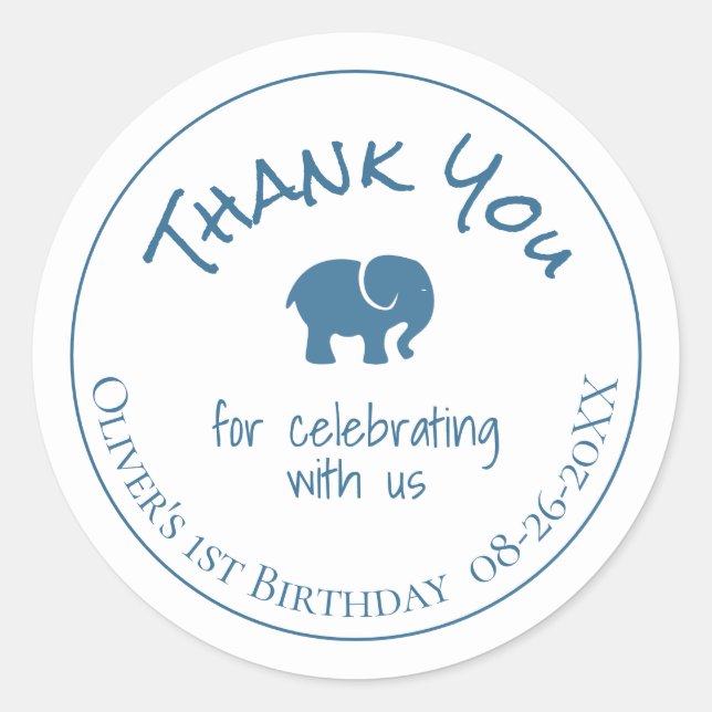 Blue Elephant 1. Geburtstag Vielen Dank Runder Aufkleber (Vorderseite)