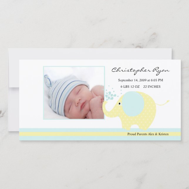 Blue Elephant Baby Boy Birth Annoucement Ankündigung (Vorderseite)