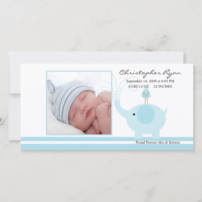 Blue Elephant Baby Boy Birth Annoucement Ankündigung (Vorderseite)