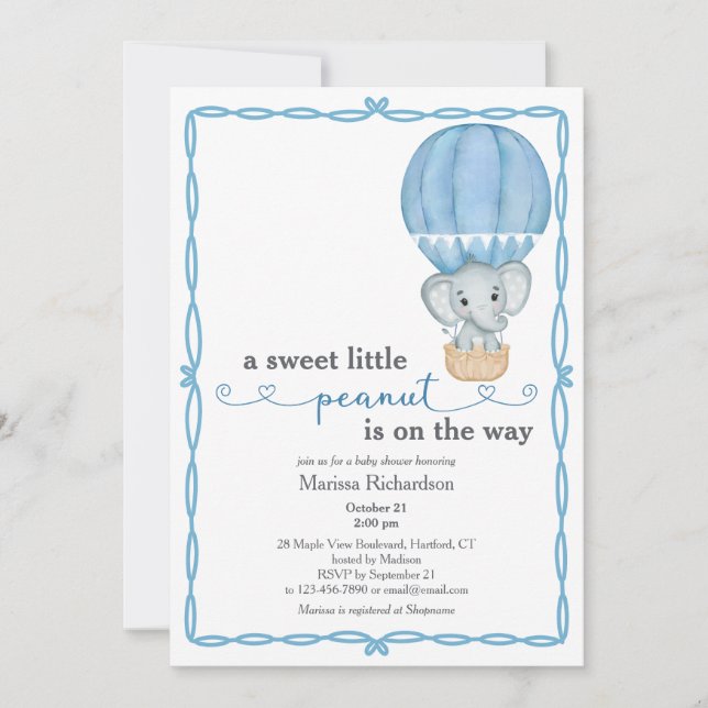 Blue Elephant Baby Boy Douche Invitation (Devant)