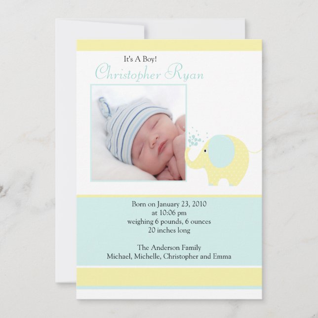 Blue Elephant Baby Boy Foto Announccard Ankündigung (Vorderseite)
