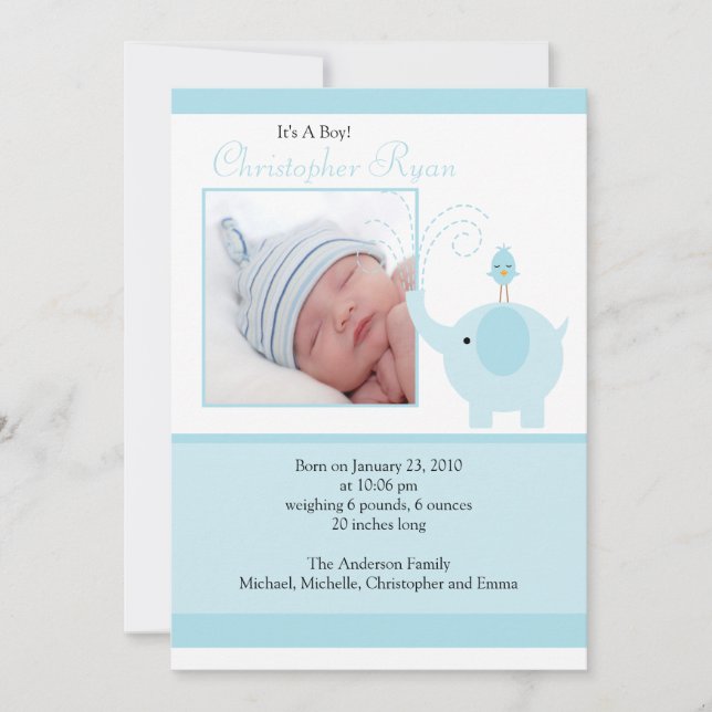 Blue Elephant Baby Boy Foto Announccard Ankündigung (Vorderseite)
