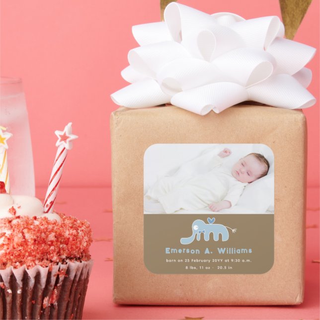 Blue Elephant Baby Boy Foto Geburtsankündigung Quadratischer Aufkleber (Party)