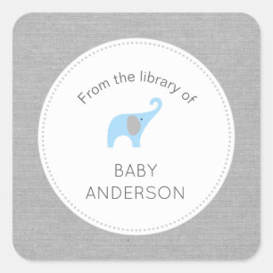Blue Elephant Baby Dusche Buchzeichen Quadratischer Aufkleber