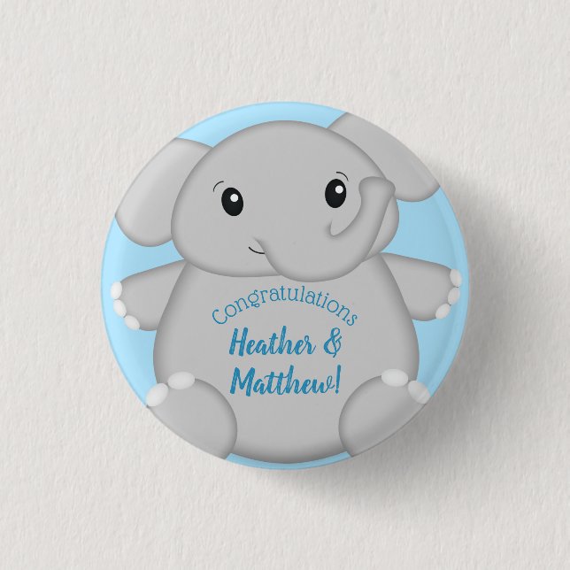Blue Elephant Baby Dusche Button (Vorderseite)