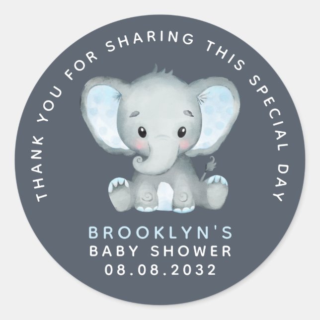 Blue Elephant Baby Dusche Danke Classic Round Rund Runder Aufkleber (Vorderseite)