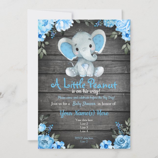 Blue Elephant Baby Dusche Einladung, rustikaler Ju Einladung (Vorderseite)