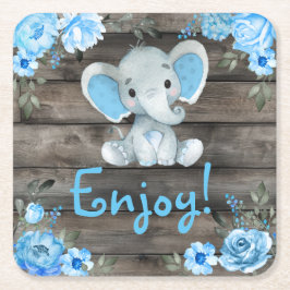 Blue Elephant Baby Dusche Einladung, rustikaler Ju Rechteckiger Pappuntersetzer