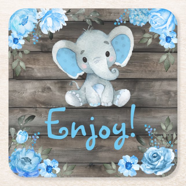 Blue Elephant Baby Dusche Einladung, rustikaler Ju Rechteckiger Pappuntersetzer (Vorderseite)